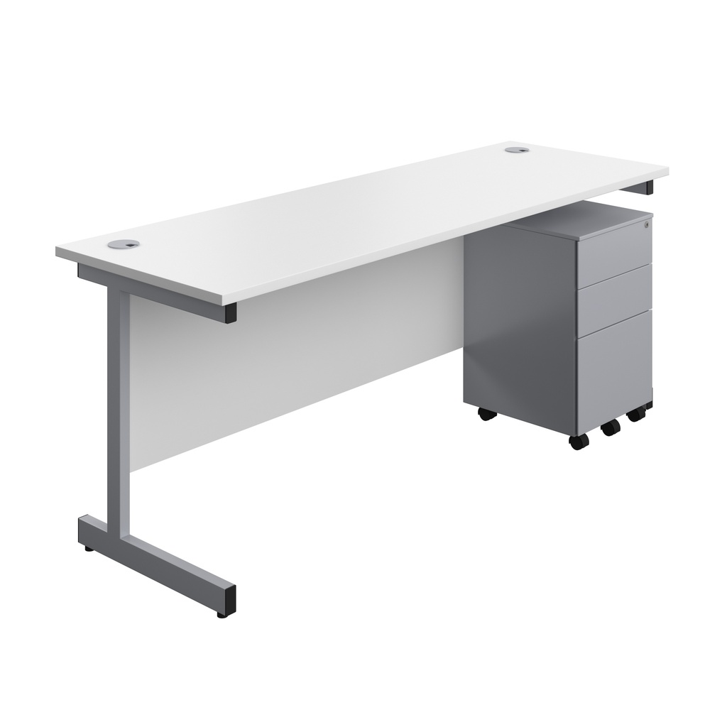 Single Upright Rectangular Desk + Under Desk Steel Pedestal 3 Drawers (FSC) | 1800 X 600 | White/Silver | 