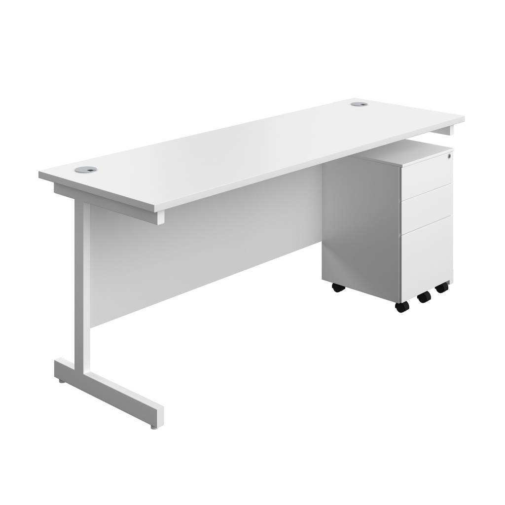 Single Upright Rectangular Desk + Under Desk Steel Pedestal 3 Drawers (FSC) | 1800 X 600 | White/White | 