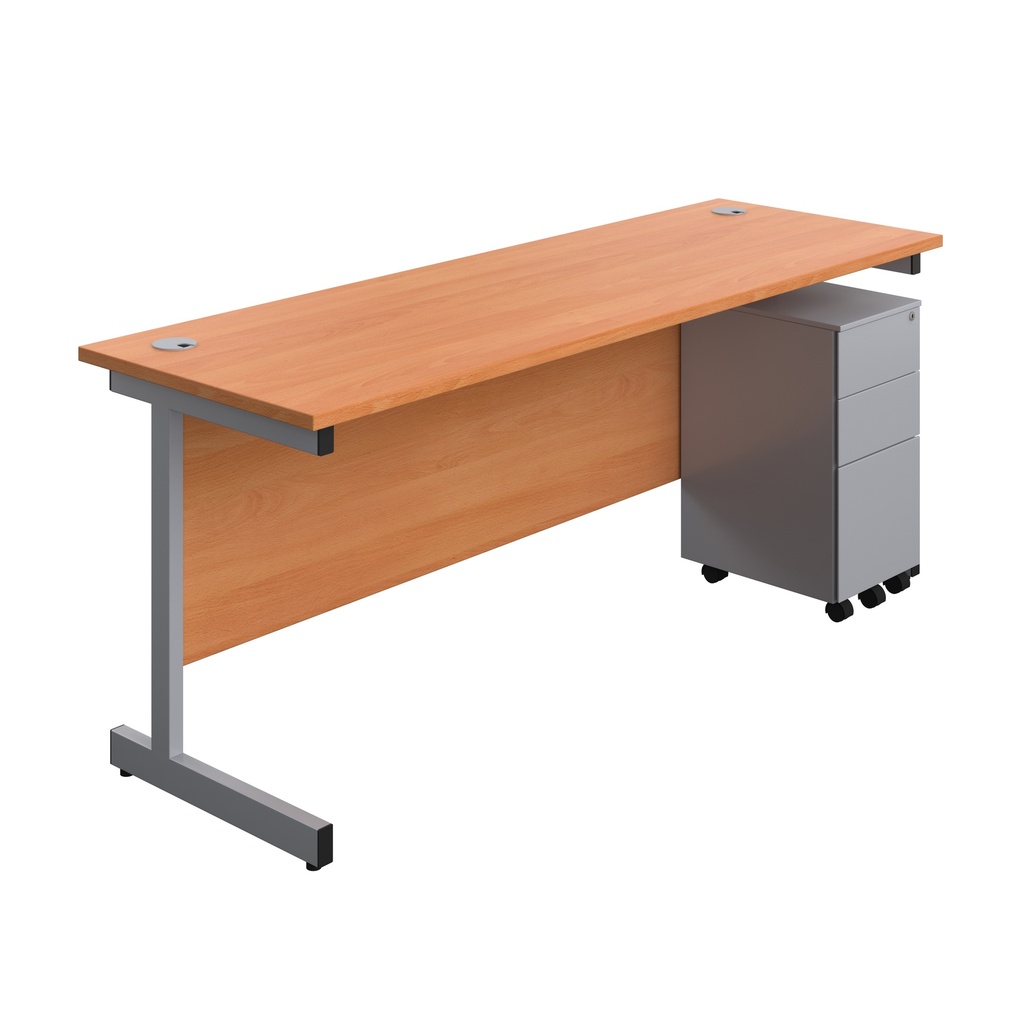 Single Upright Rectangular Desk + Slimline Steel Pedestal 3 Drawers (FSC) | 1800 X 600 | Beech/Silver | 