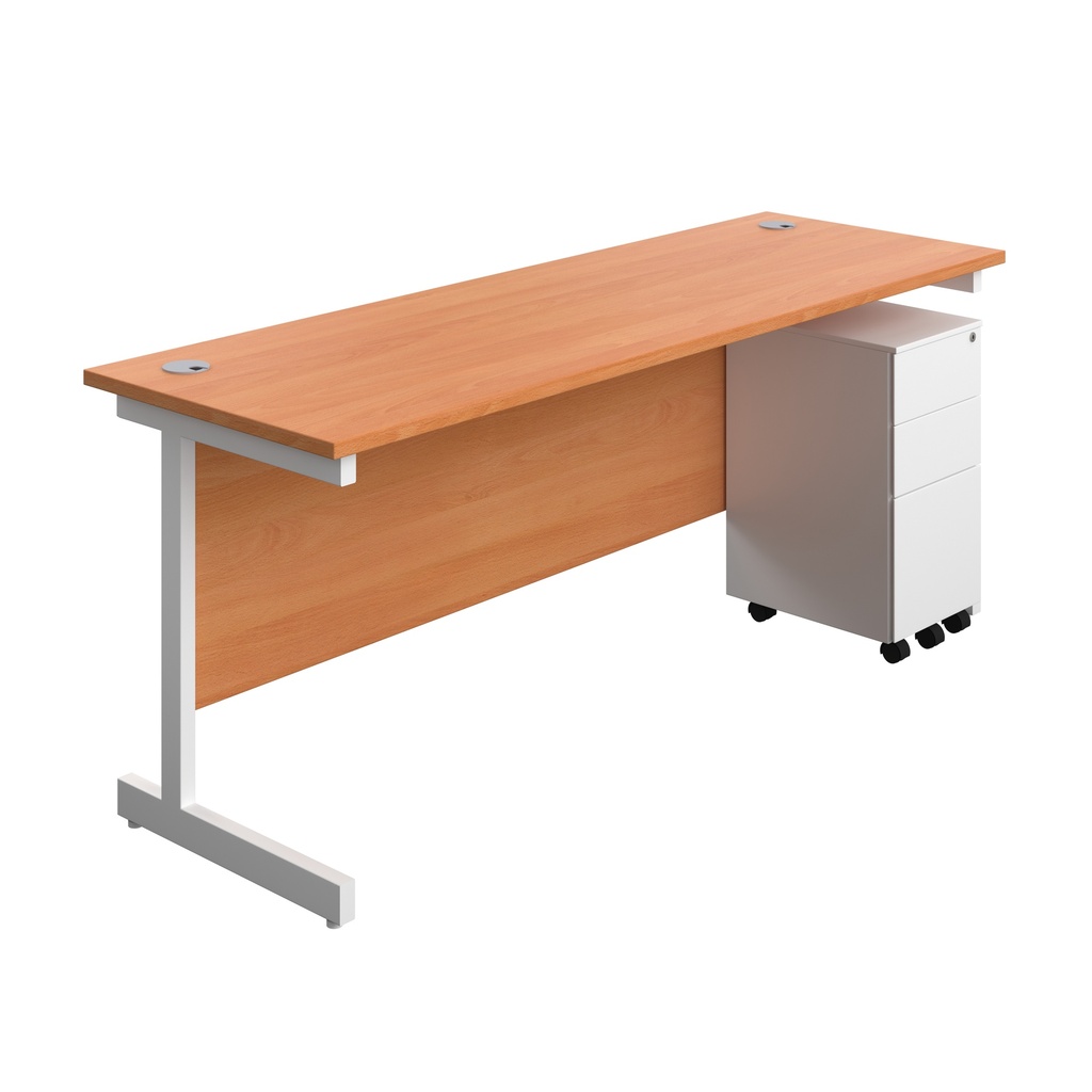 Single Upright Rectangular Desk + Slimline Steel Pedestal 3 Drawers (FSC) | 1800 X 600 | Beech/White | 