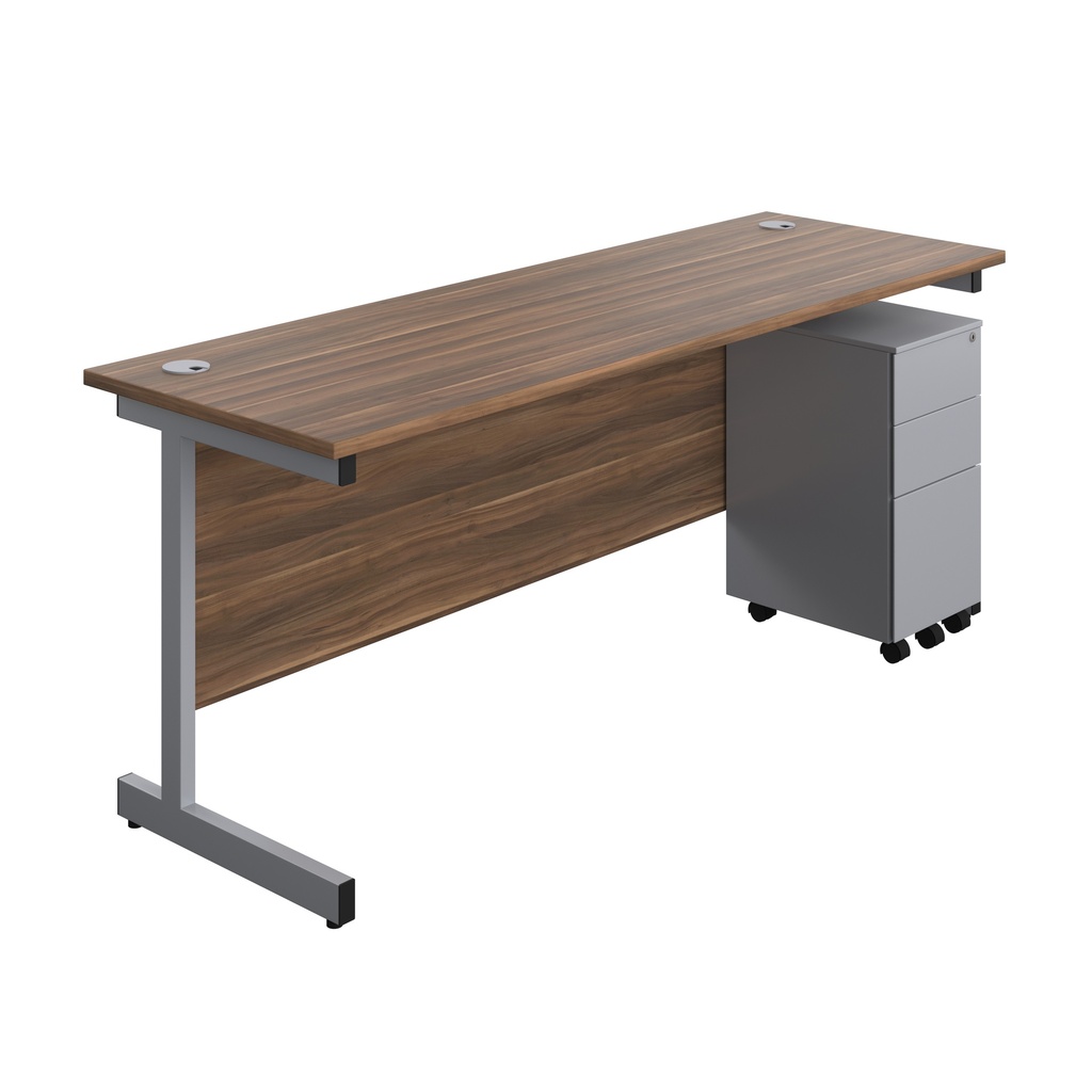 Single Upright Rectangular Desk + Slimline Steel Pedestal 3 Drawers (FSC) | 1800 X 600 | Dark Walnut/Silver | 
