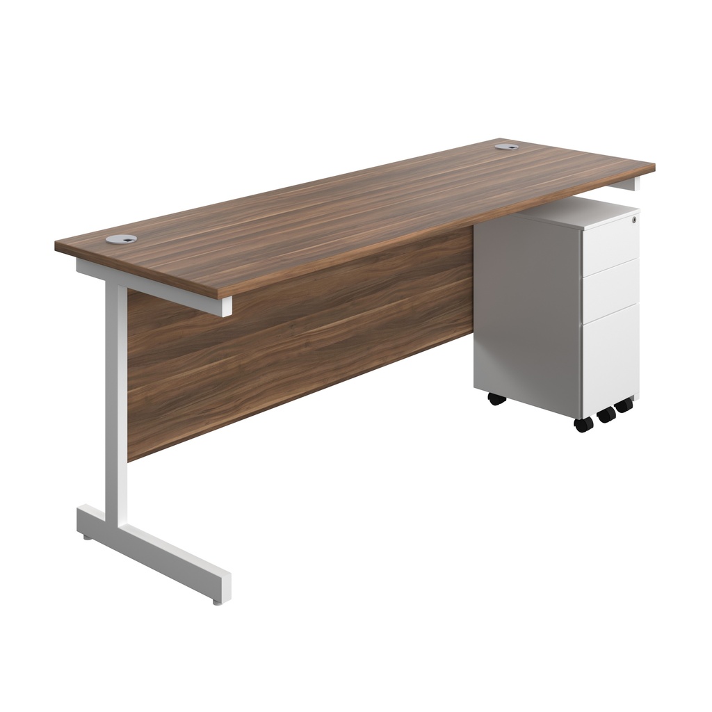 Single Upright Rectangular Desk + Slimline Steel Pedestal 3 Drawers (FSC) | 1800 X 600 | Dark Walnut/White | 