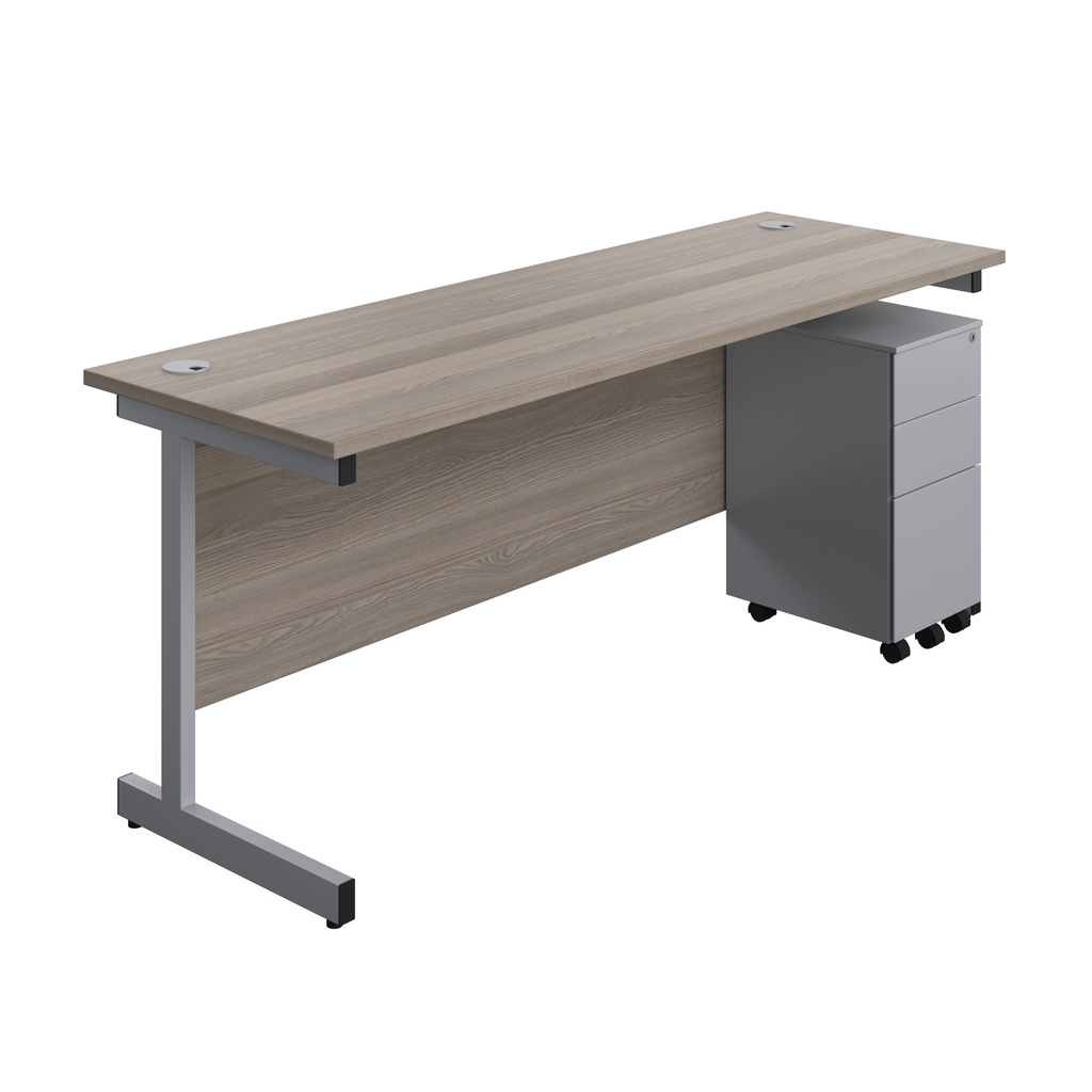 Single Upright Rectangular Desk + Slimline Steel Pedestal 3 Drawers (FSC) | 1800 X 600 | Grey Oak/Silver | 