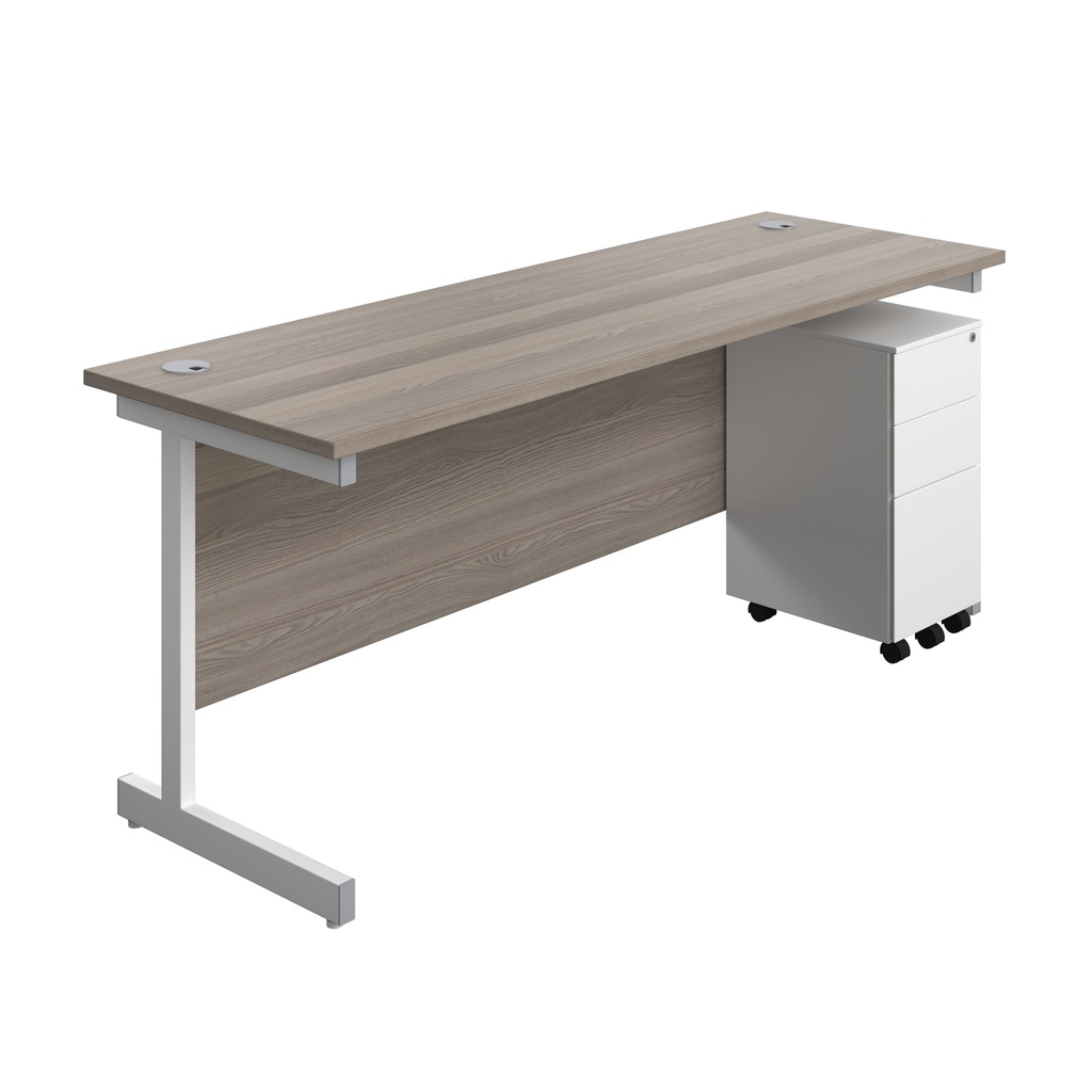Single Upright Rectangular Desk + Slimline Steel Pedestal 3 Drawers (FSC) | 1800 X 600 | Grey Oak/White | 