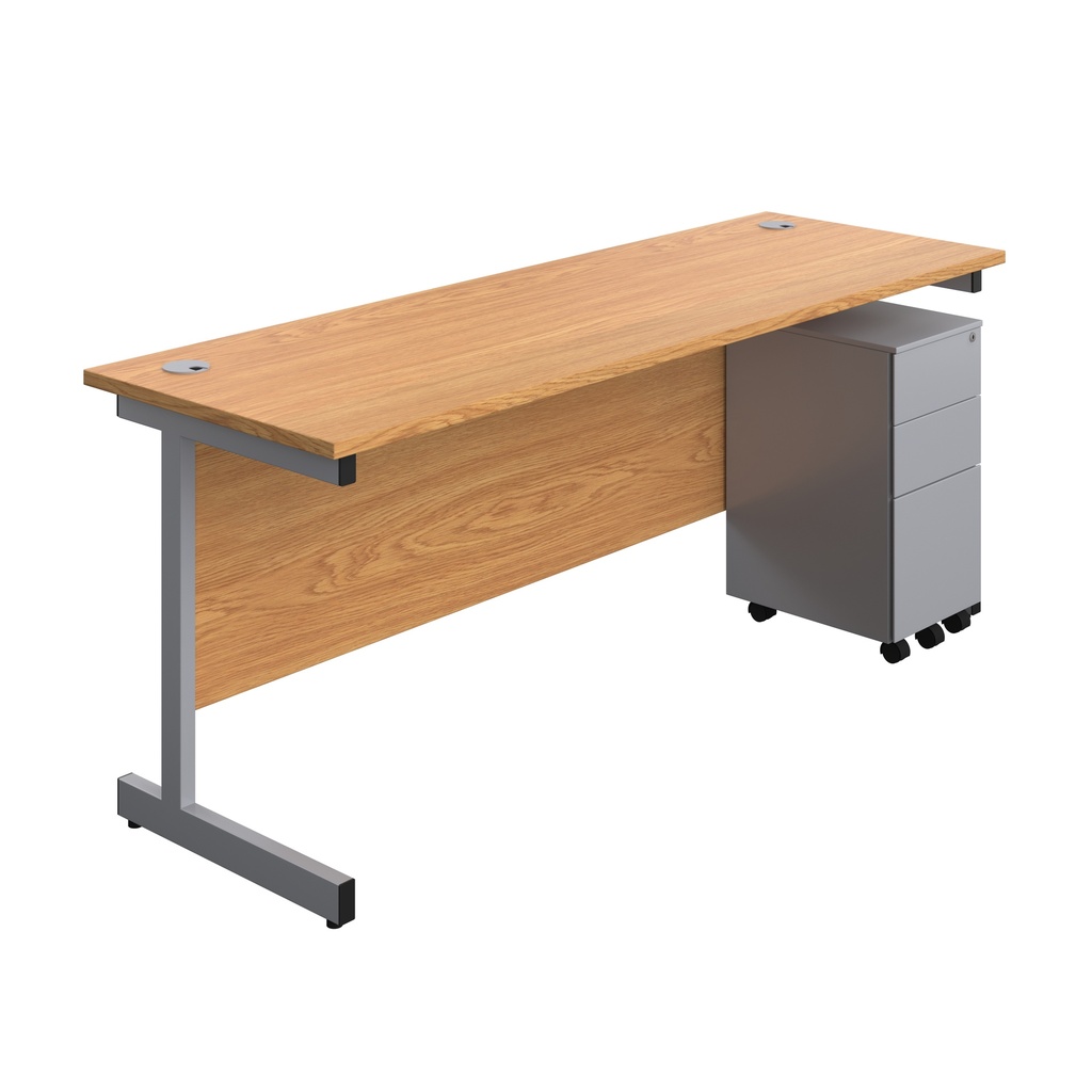 Single Upright Rectangular Desk + Slimline Steel Pedestal 3 Drawers (FSC) | 1800 X 600 | Nova Oak/Silver | 