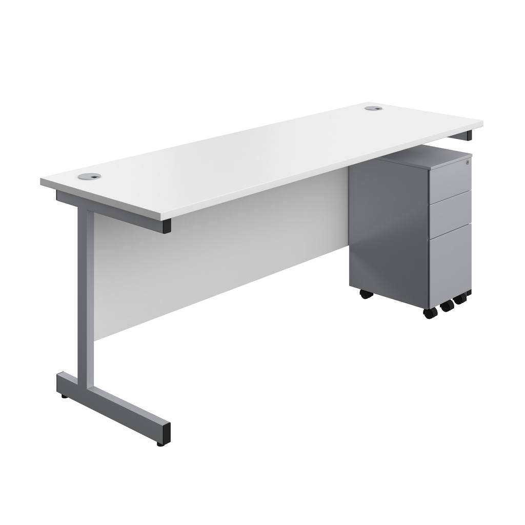 Single Upright Rectangular Desk + Slimline Steel Pedestal 3 Drawers (FSC) | 1800 X 600 | White/Silver | 