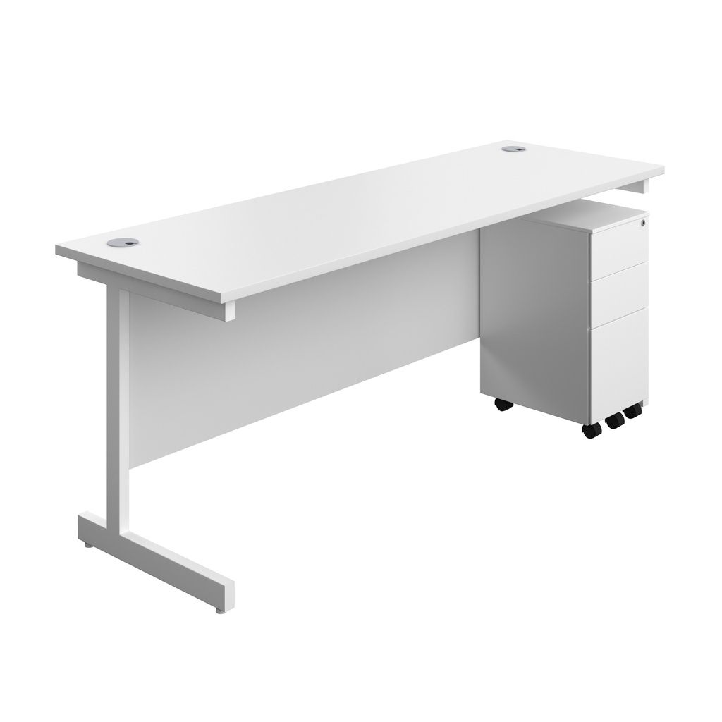 Single Upright Rectangular Desk + Slimline Steel Pedestal 3 Drawers (FSC) | 1800 X 600 | White/White | 