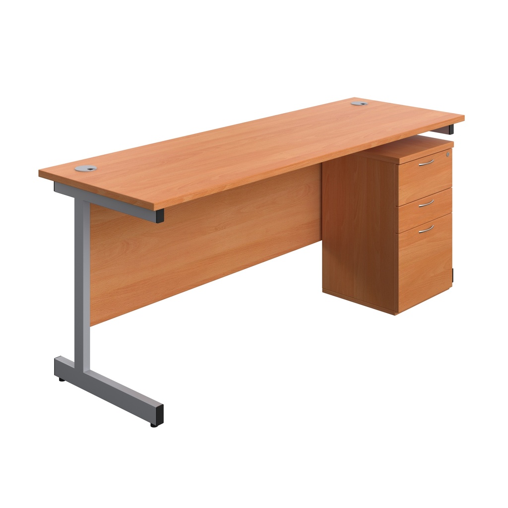 Single Upright Rectangular Desk + High Mobile Pedestal 3 Drawer (FSC) | 1800 X 600 | Beech/Silver | 