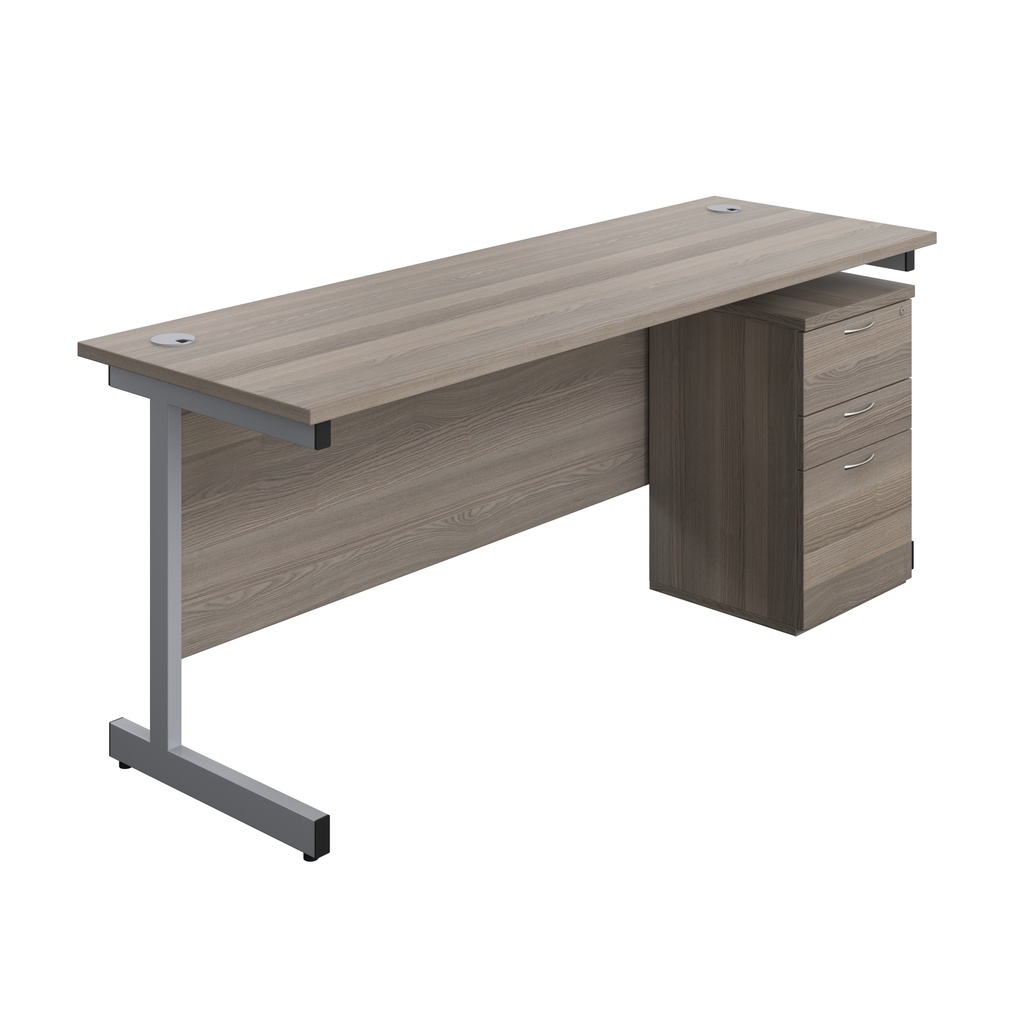Single Upright Rectangular Desk + High Mobile Pedestal 3 Drawer (FSC) | 1800 X 600 | Grey Oak/Silver | 