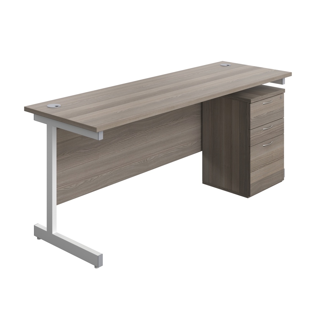 Single Upright Rectangular Desk + High Mobile Pedestal 3 Drawer (FSC) | 1800 X 600 | Grey Oak/White | 