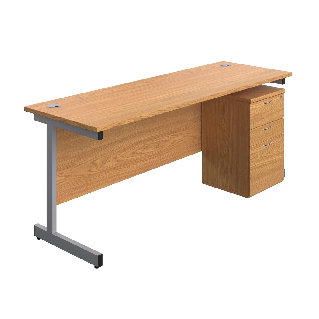 Single Upright Rectangular Desk + High Mobile Pedestal 3 Drawer (FSC) | 1800 X 600 | Nova Oak/Silver | 