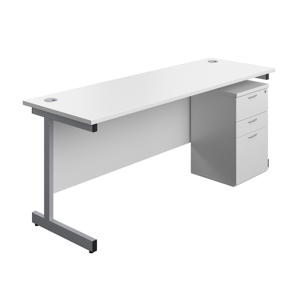 Single Upright Rectangular Desk + High Mobile Pedestal 3 Drawer (FSC) | 1800 X 600 | White/Silver | 