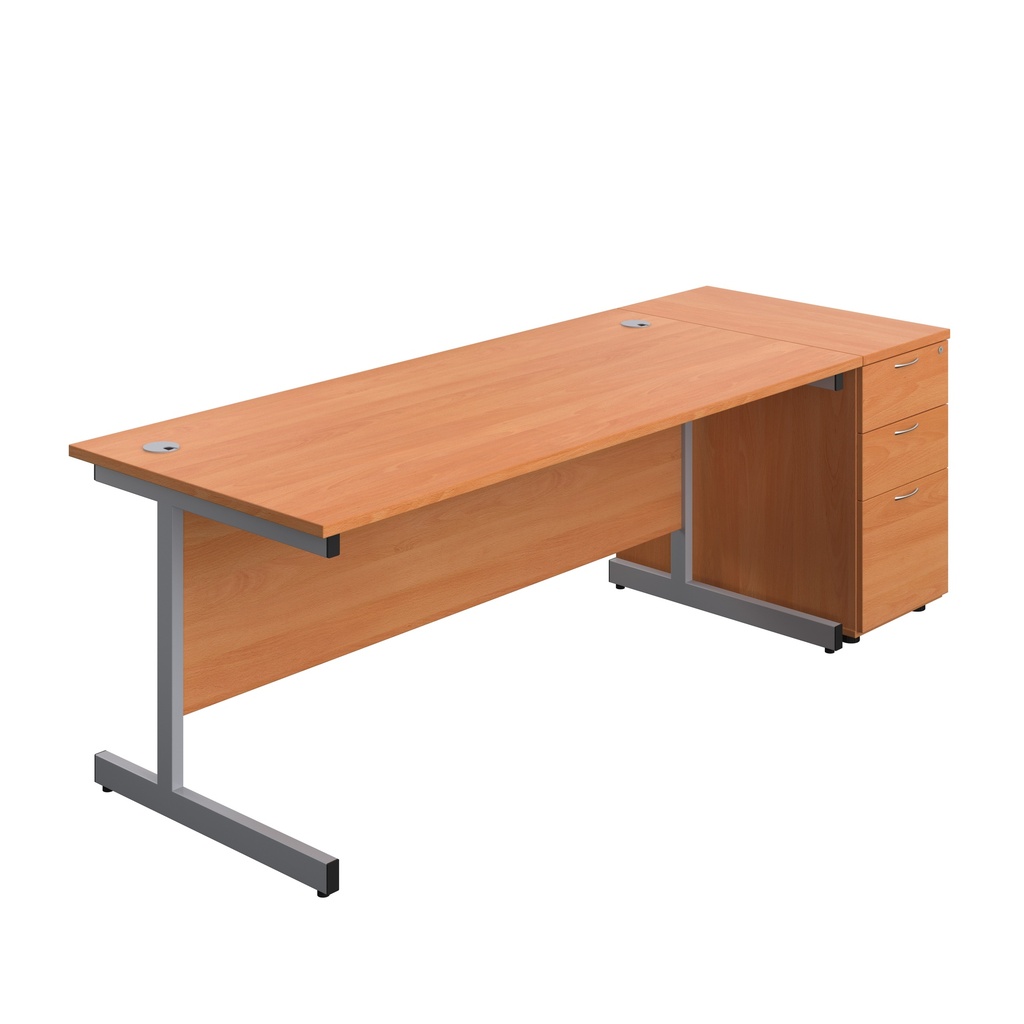 Single Upright Rectangular Desk + Desk High 3 Drawer Pedestal (FSC) | 1800 X 800 | Beech/Silver | 