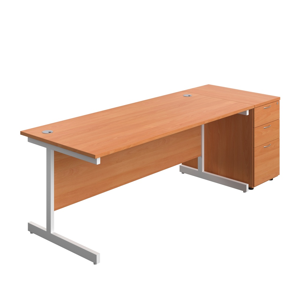 Single Upright Rectangular Desk + Desk High 3 Drawer Pedestal (FSC) | 1800 X 800 | Beech/White | 