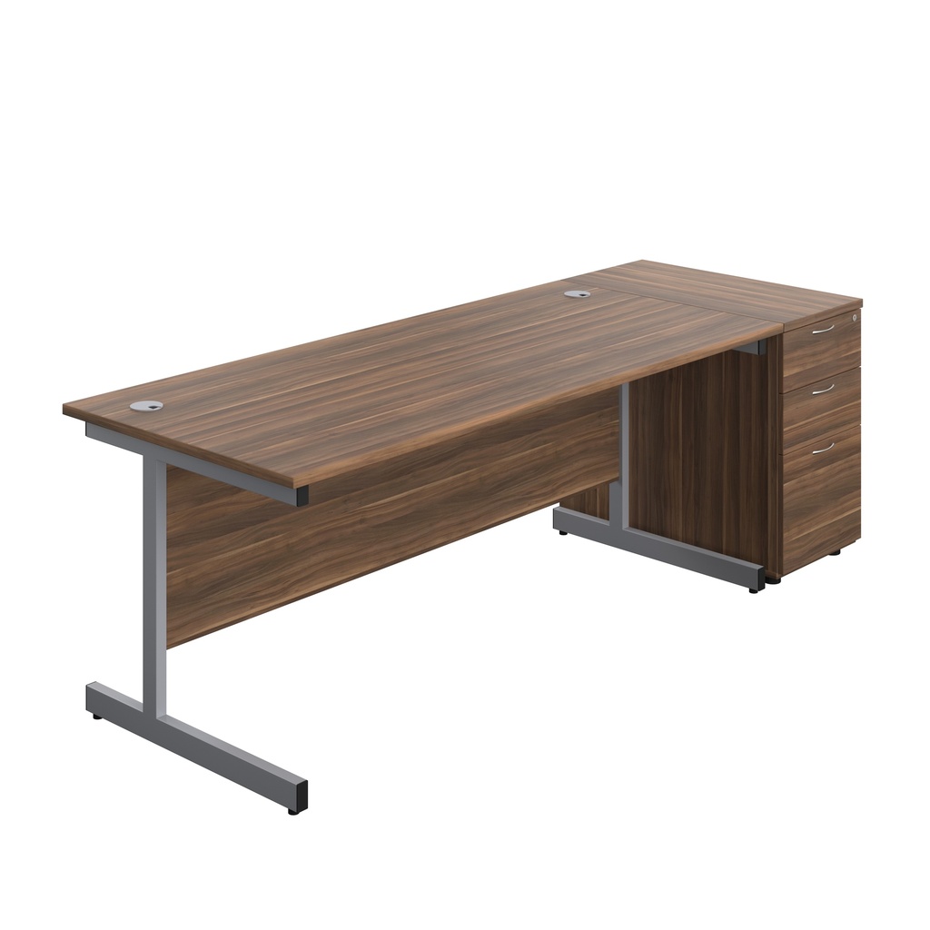 Single Upright Rectangular Desk + Desk High 3 Drawer Pedestal (FSC) | 1800 X 800 | Dark Walnut/Silver | 