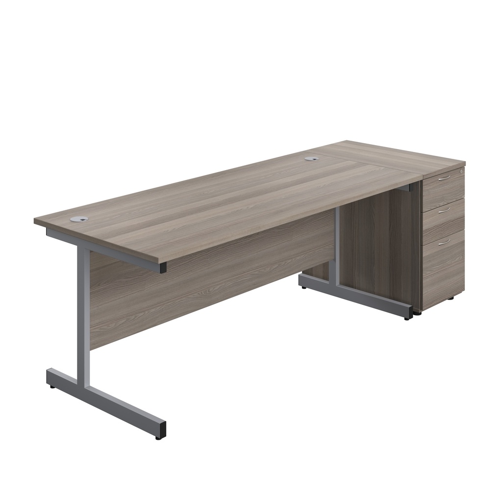 Single Upright Rectangular Desk + Desk High 3 Drawer Pedestal (FSC) | 1800 X 800 | Grey Oak/Silver | 