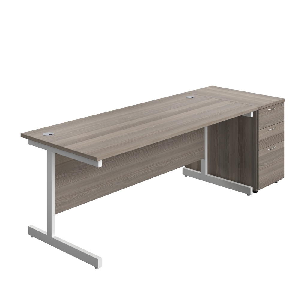 Single Upright Rectangular Desk + Desk High 3 Drawer Pedestal (FSC) | 1800 X 800 | Grey Oak/White | 