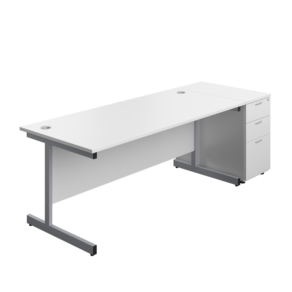 Single Upright Rectangular Desk + Desk High 3 Drawer Pedestal (FSC) | 1800 X 800 | White/Silver | 