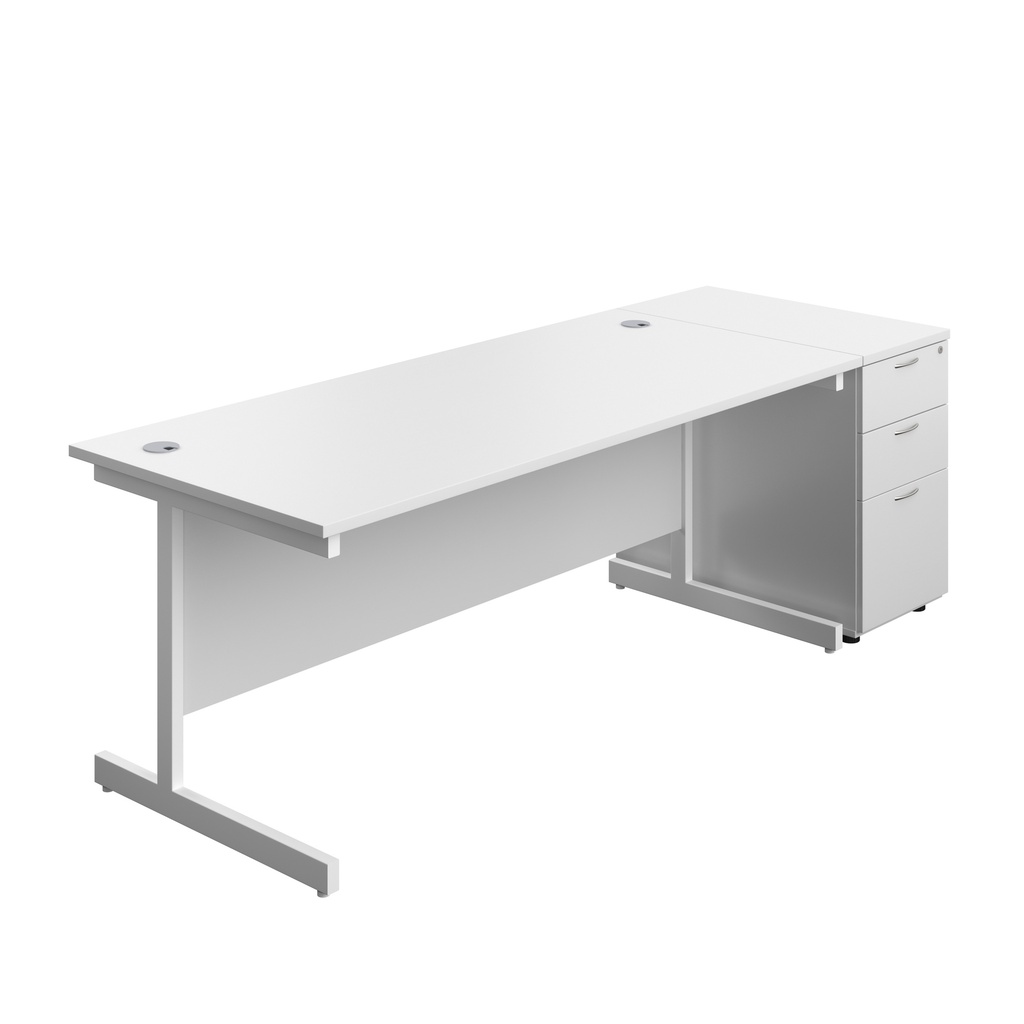 Single Upright Rectangular Desk + Desk High 3 Drawer Pedestal (FSC) | 1800 X 800 | White/White | 