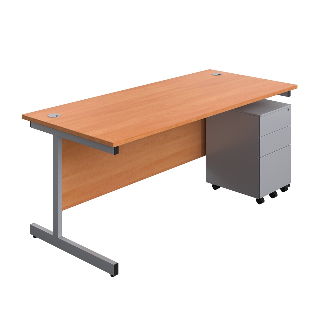 Single Upright Rectangular Desk + Under Desk Steel Pedestal 3 Drawers (FSC) | 1800 X 800 | Beech/Silver | 