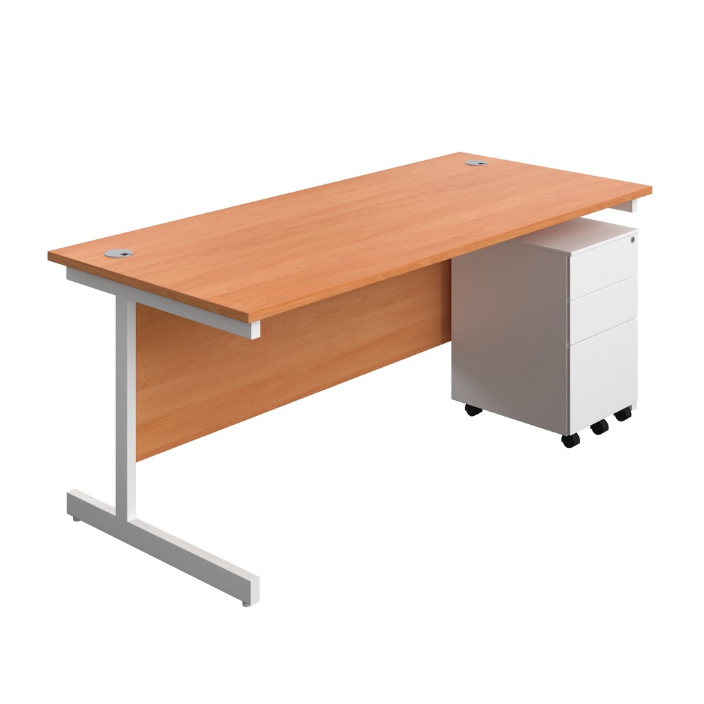 Single Upright Rectangular Desk + Under Desk Steel Pedestal 3 Drawers (FSC) | 1800 X 800 | Beech/White | 