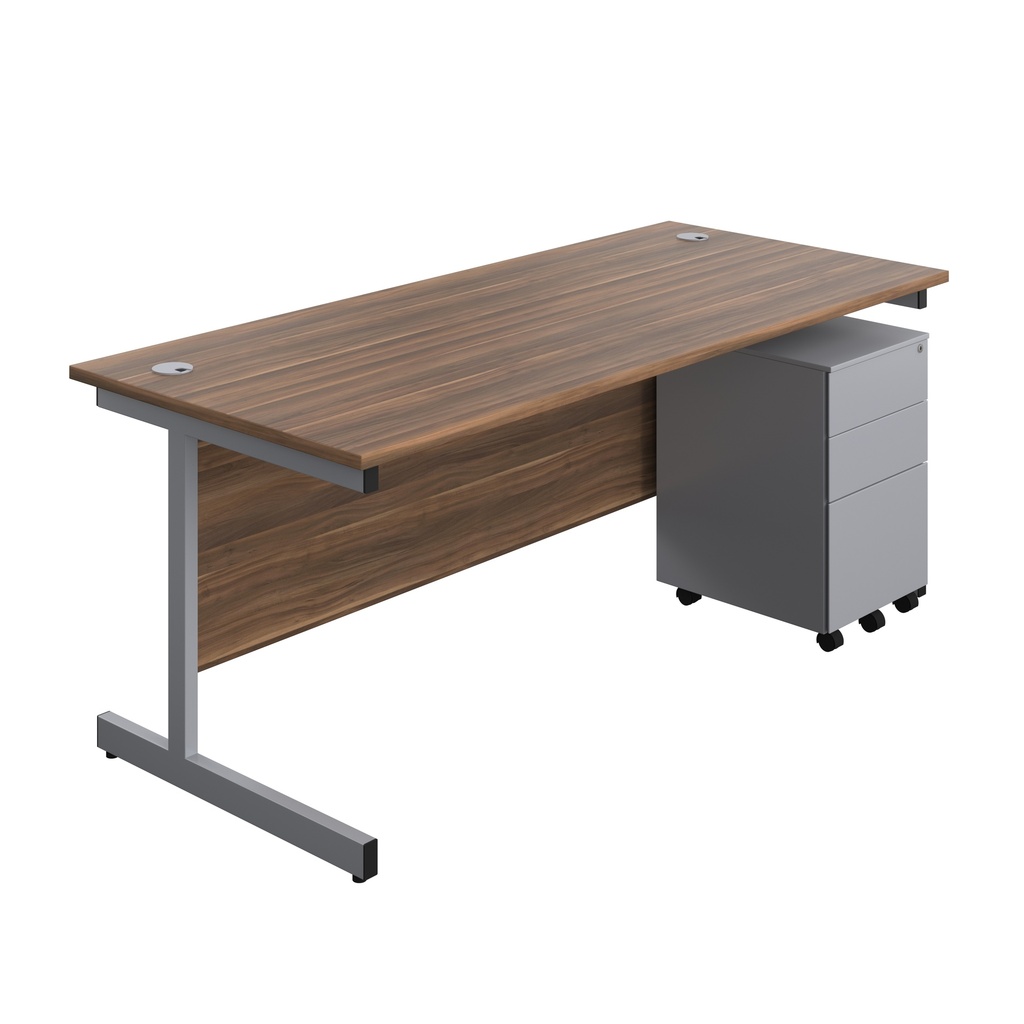 Single Upright Rectangular Desk + Under Desk Steel Pedestal 3 Drawers (FSC) | 1800 X 800 | Dark Walnut/Silver | 