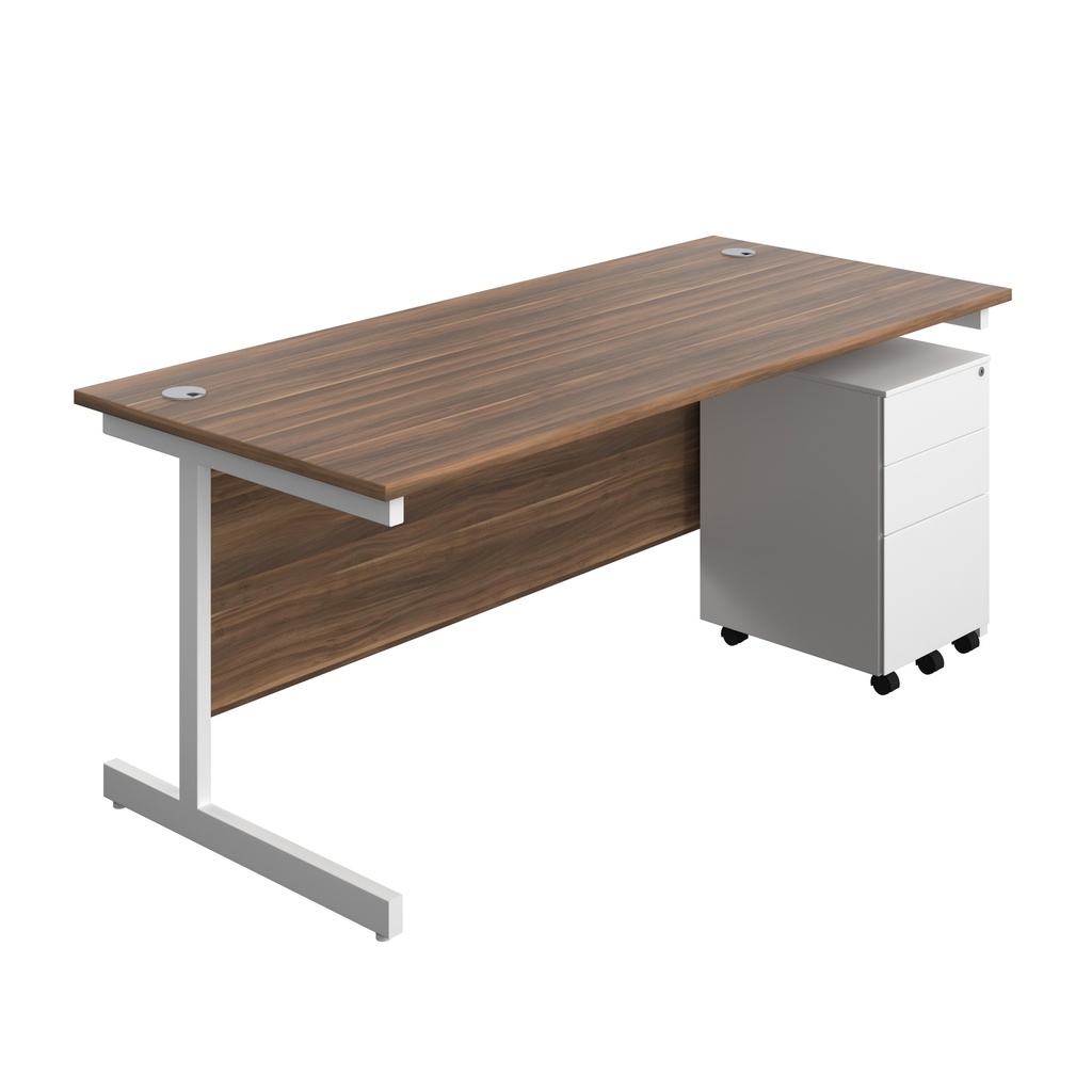 Single Upright Rectangular Desk + Under Desk Steel Pedestal 3 Drawers (FSC) | 1800 X 800 | Dark Walnut/White | 
