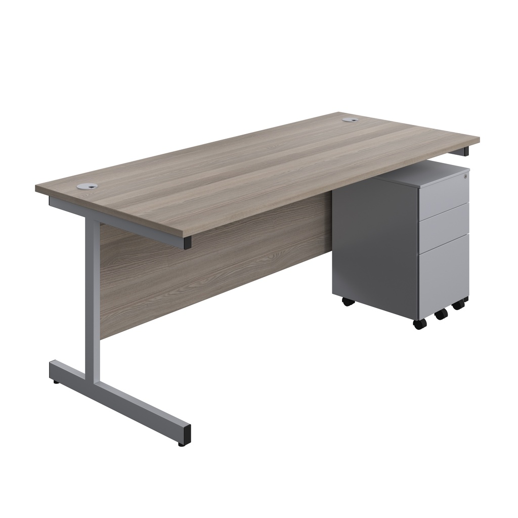 Single Upright Rectangular Desk + Under Desk Steel Pedestal 3 Drawers (FSC) | 1800 X 800 | Grey Oak/Silver | 