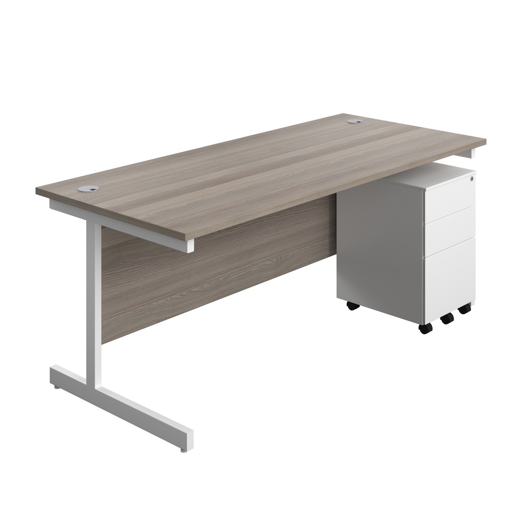 Single Upright Rectangular Desk + Under Desk Steel Pedestal 3 Drawers (FSC) | 1800 X 800 | Grey Oak/White | 