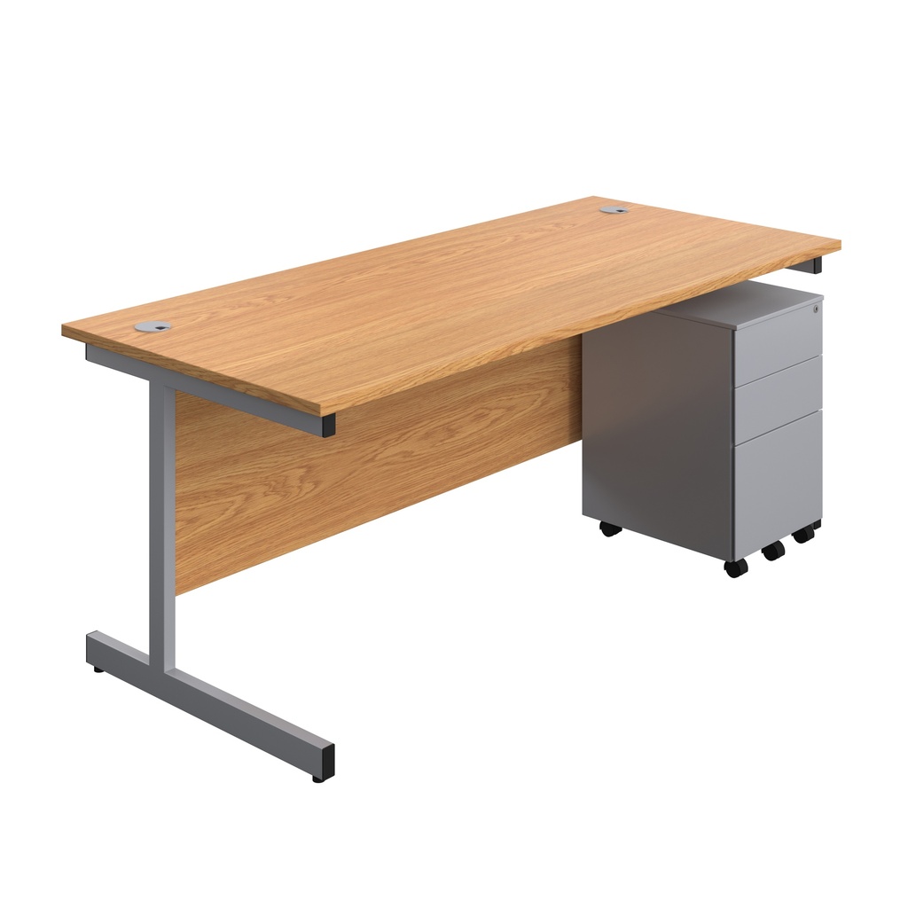 Single Upright Rectangular Desk + Under Desk Steel Pedestal 3 Drawers (FSC) | 1800 X 800 | Nova Oak/Silver | 