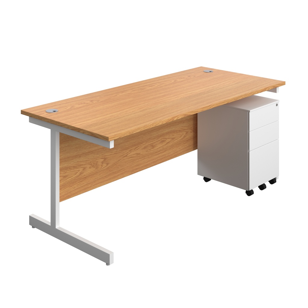 Single Upright Rectangular Desk + Under Desk Steel Pedestal 3 Drawers (FSC) | 1800 X 800 | Nova Oak/White | 