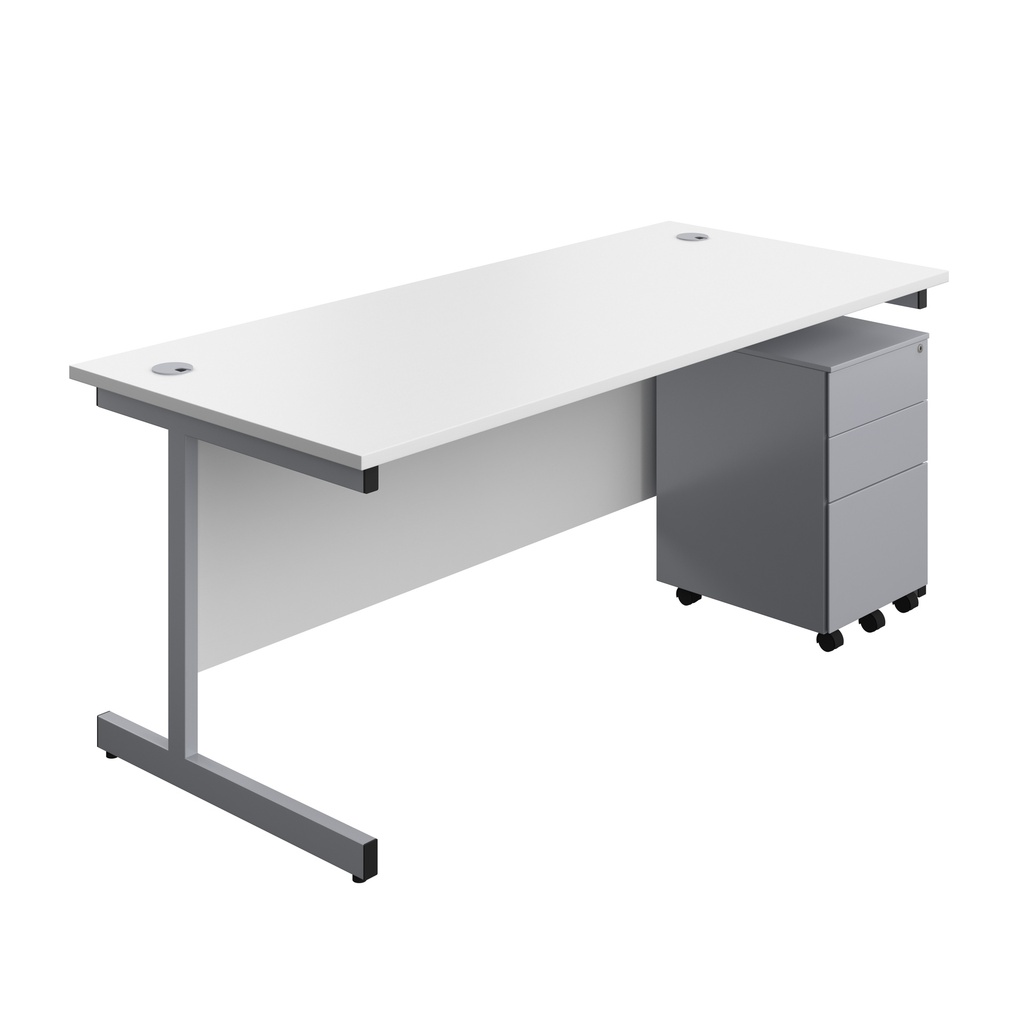 Single Upright Rectangular Desk + Under Desk Steel Pedestal 3 Drawers (FSC) | 1800 X 800 | White/Silver | 