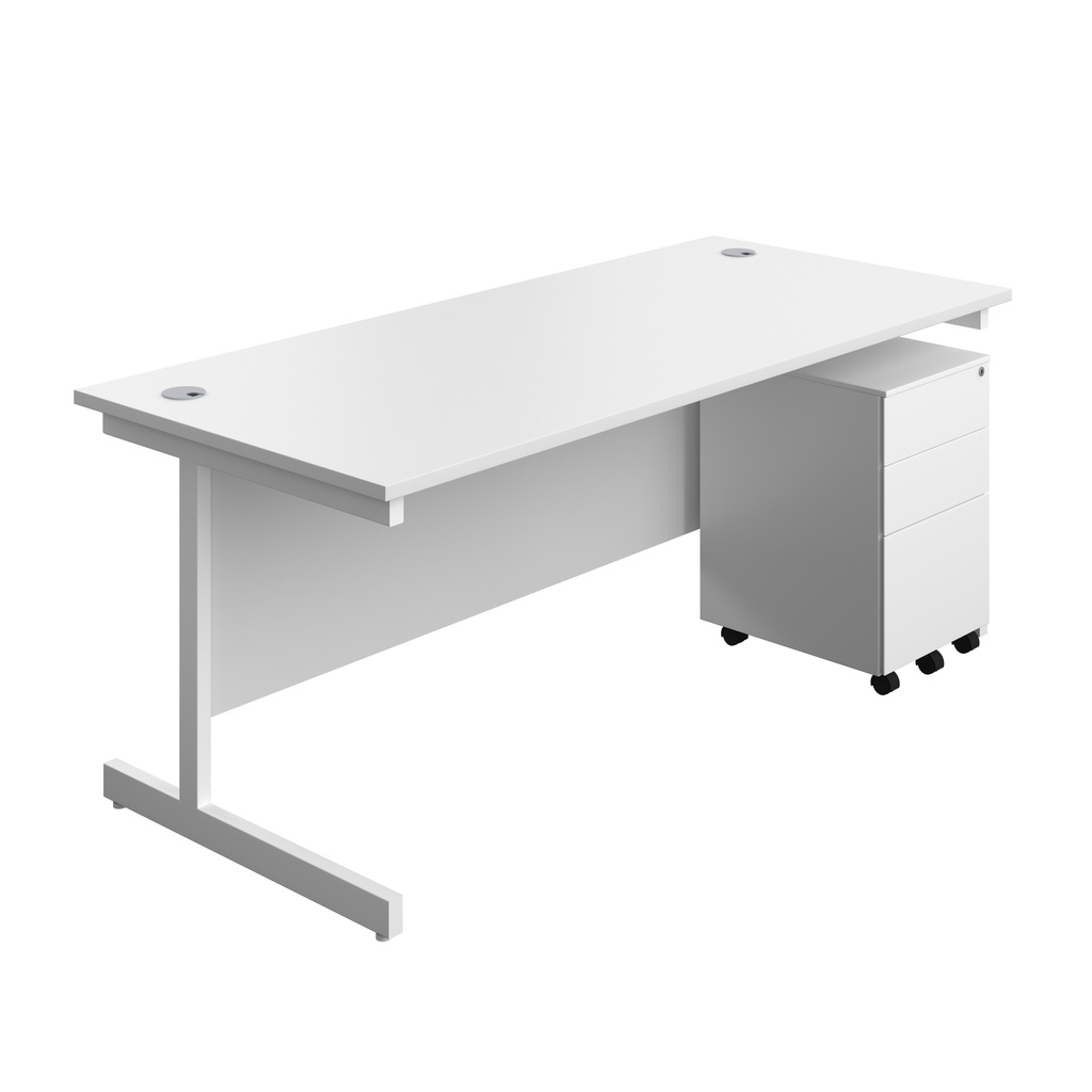 Single Upright Rectangular Desk + Under Desk Steel Pedestal 3 Drawers (FSC) | 1800 X 800 | White/White | 