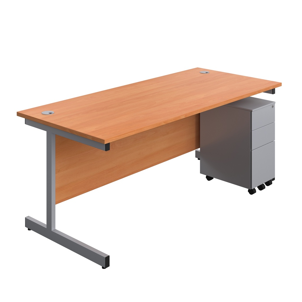 Single Upright Rectangular Desk + Slimline Steel Pedestal 3 Drawers (FSC) | 1800 X 800 | Beech/Silver | 