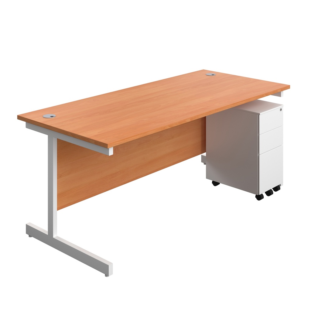 Single Upright Rectangular Desk + Slimline Steel Pedestal 3 Drawers (FSC) | 1800 X 800 | Beech/White | 