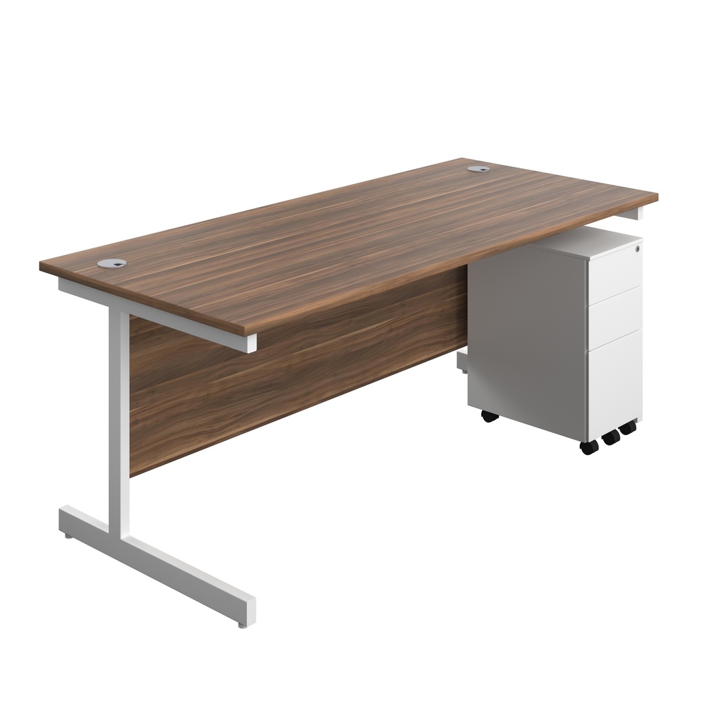 Single Upright Rectangular Desk + Slimline Steel Pedestal 3 Drawers (FSC) | 1800 X 800 | Dark Walnut/White | 