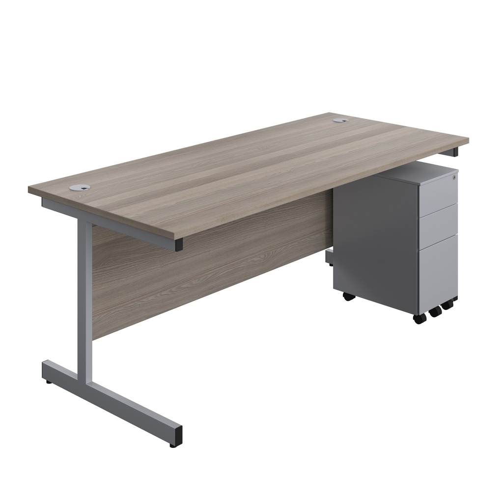 Single Upright Rectangular Desk + Slimline Steel Pedestal 3 Drawers (FSC) | 1800 X 800 | Grey Oak/Silver | 