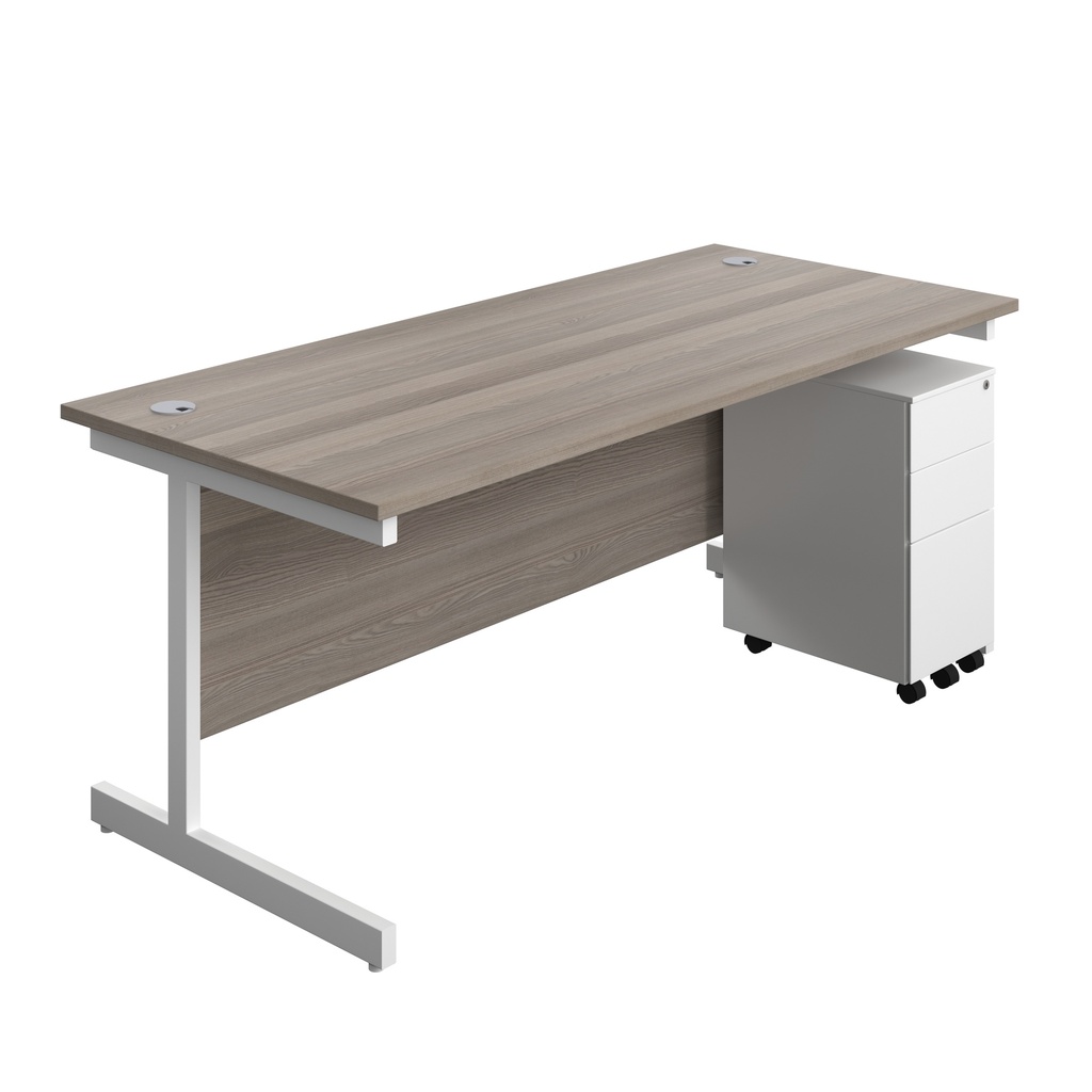 Single Upright Rectangular Desk + Slimline Steel Pedestal 3 Drawers (FSC) | 1800 X 800 | Grey Oak/White | 