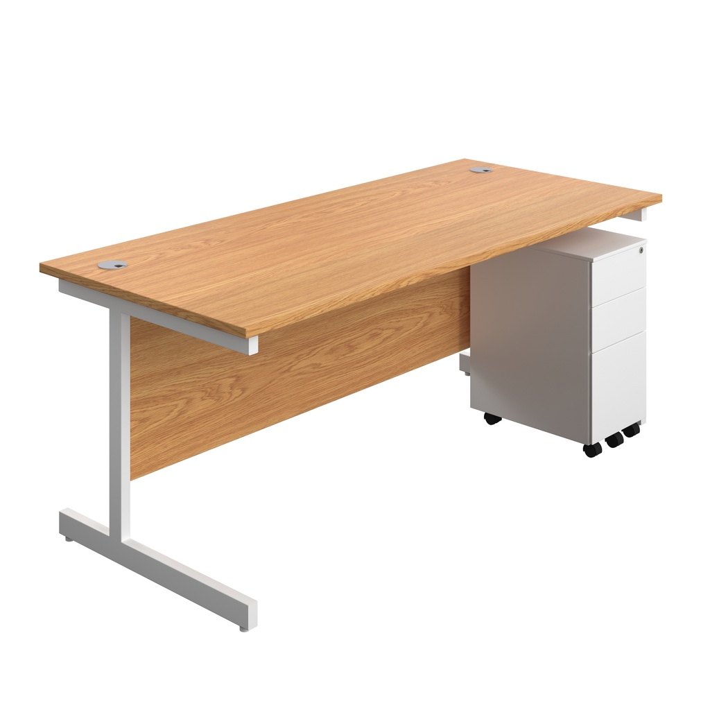 Single Upright Rectangular Desk + Slimline Steel Pedestal 3 Drawers (FSC) | 1800 X 800 | Nova Oak/White | 