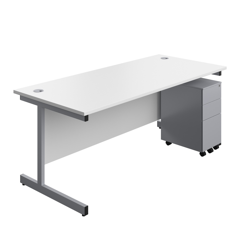Single Upright Rectangular Desk + Slimline Steel Pedestal 3 Drawers (FSC) | 1800 X 800 | White/Silver | 