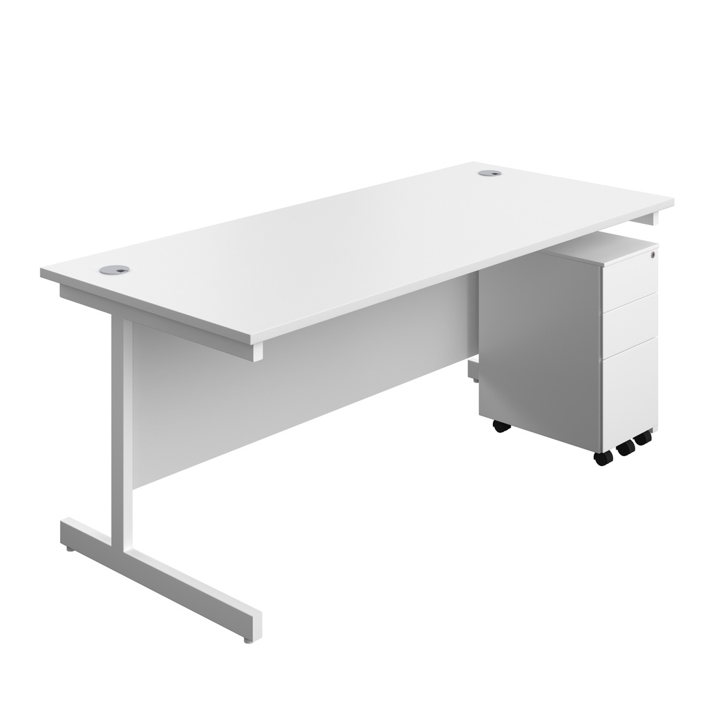 Single Upright Rectangular Desk + Slimline Steel Pedestal 3 Drawers (FSC) | 1800 X 800 | White/White | 