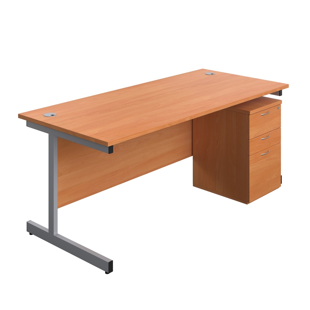 Single Upright Rectangular Desk + High Mobile Pedestal 3 Drawer (FSC) | 1800 X 800 | Beech/Silver | 