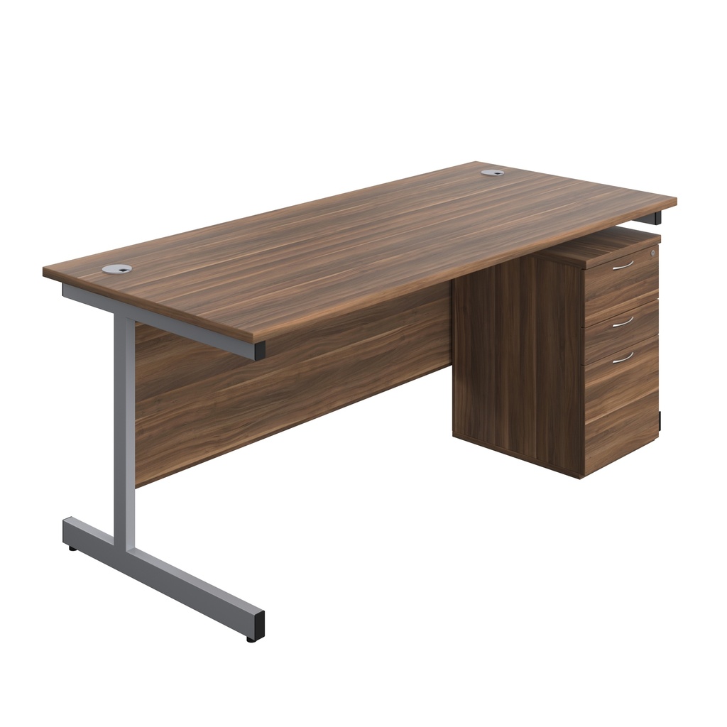 Single Upright Rectangular Desk + High Mobile Pedestal 3 Drawer (FSC) | 1800 X 800 | Dark Walnut/Silver | 