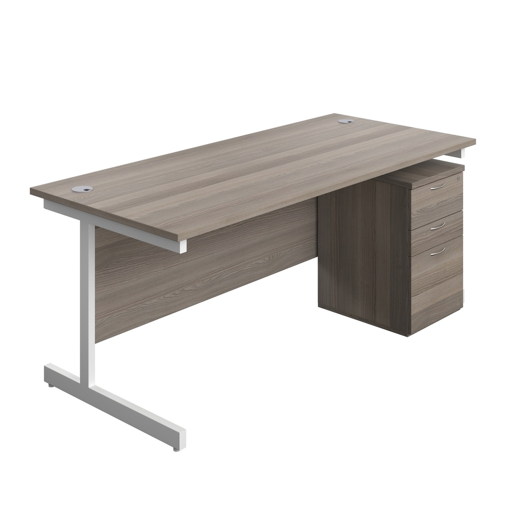 Single Upright Rectangular Desk + High Mobile Pedestal 3 Drawer (FSC) | 1800 X 800 | Grey Oak/White | 