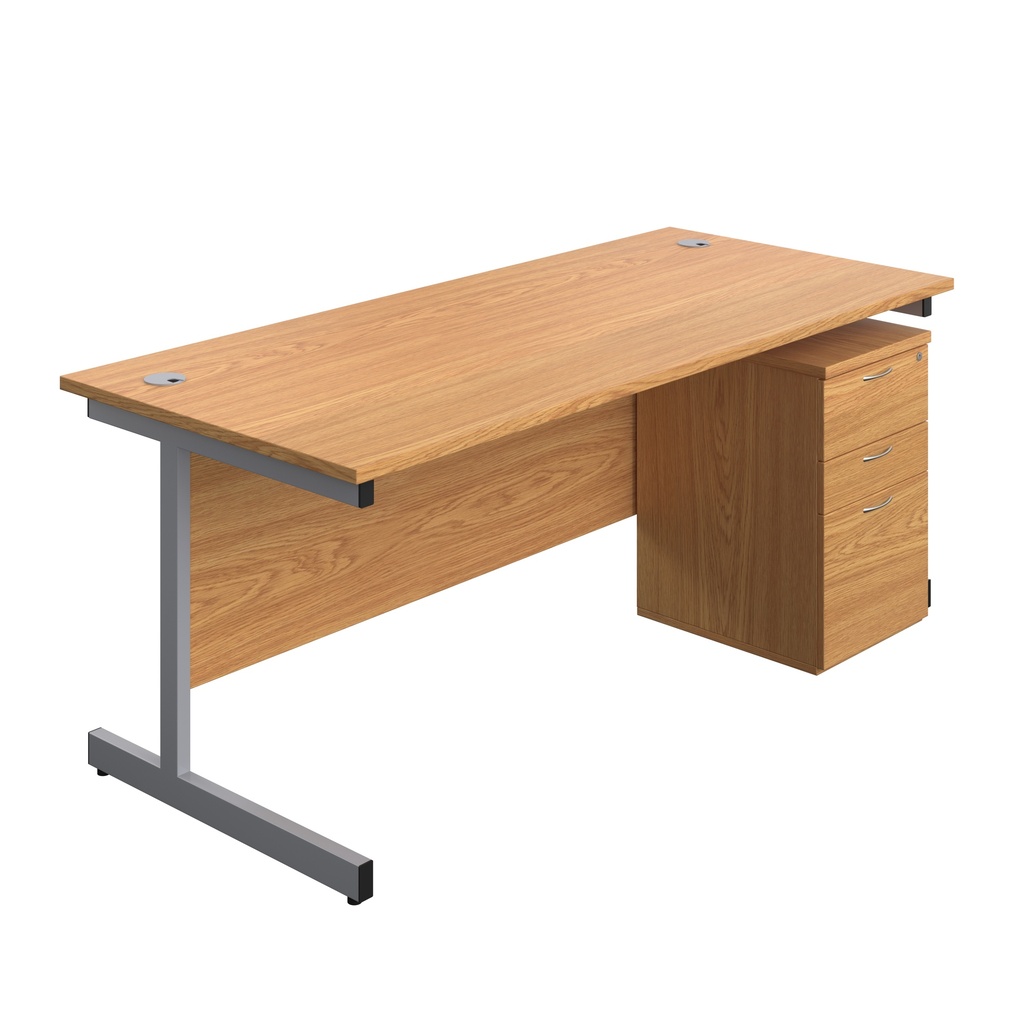 Single Upright Rectangular Desk + High Mobile Pedestal 3 Drawer (FSC) | 1800 X 800 | Nova Oak/Silver | 