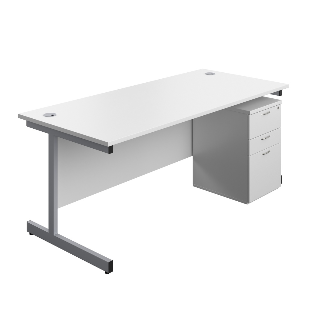 Single Upright Rectangular Desk + High Mobile Pedestal 3 Drawer (FSC) | 1800 X 800 | White/Silver | 