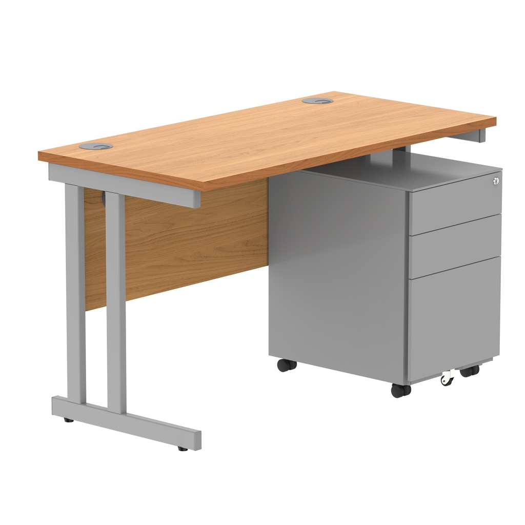 Double Upright Rectangular Desk + Under Desk Steel Pedestal 3 Drawers (FSC) | 1200X600 | Norwegian Beech/Silver