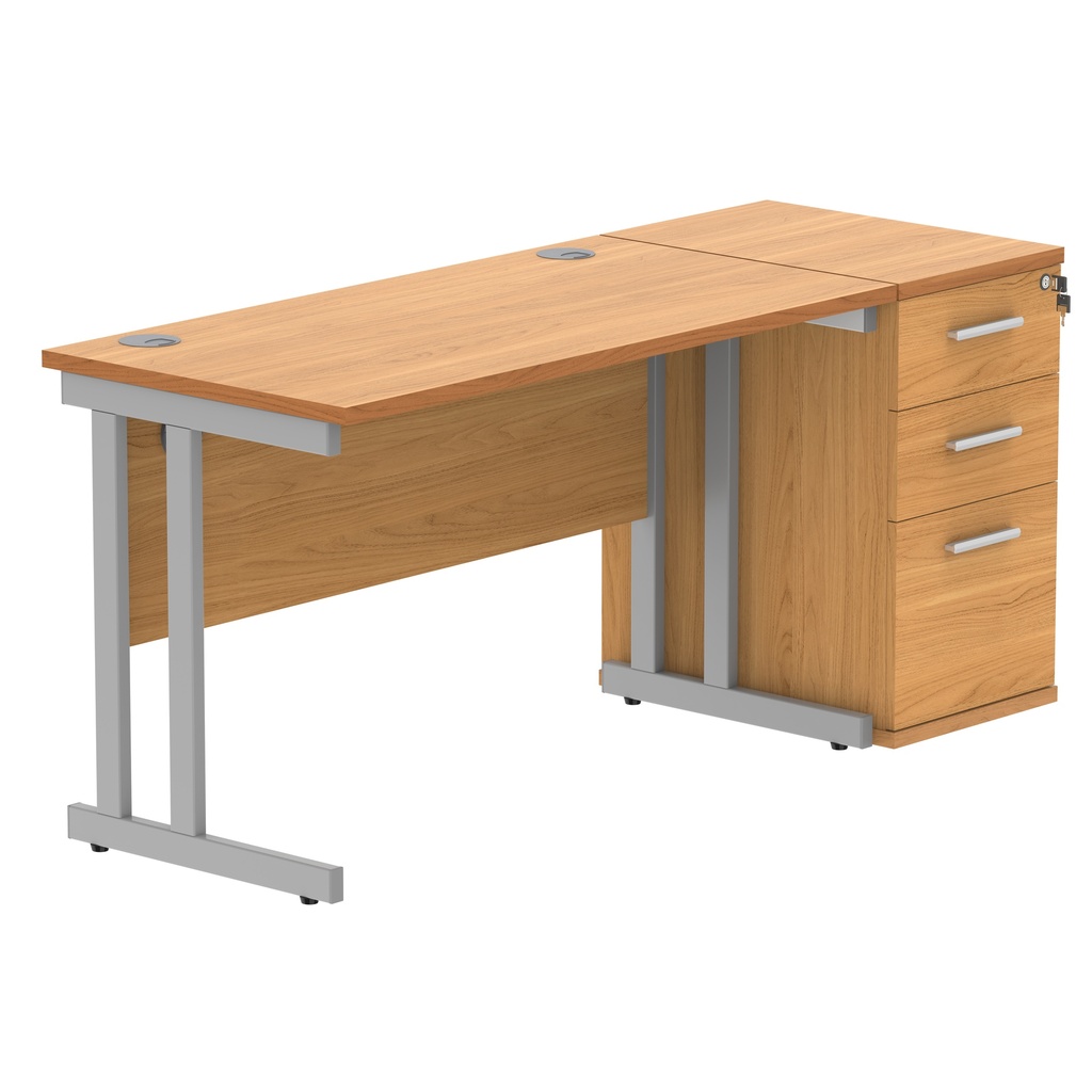 Double Upright Rectangular Desk + Desk High Pedestal (FSC) | 1200X600 | Norwegian Beech/Silver