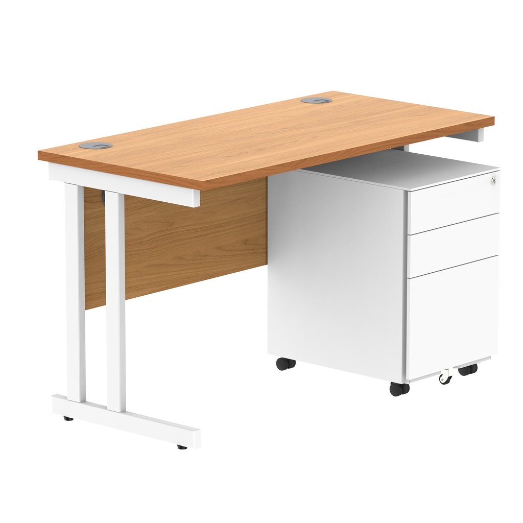 Double Upright Rectangular Desk + Under Desk Steel Pedestal 3 Drawers (FSC) | 1200X600 | Norwegian Beech/White