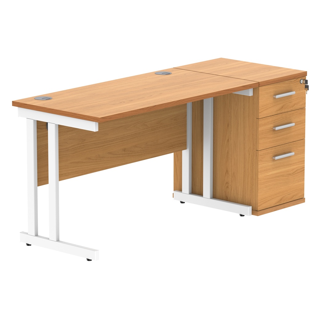 Double Upright Rectangular Desk + Desk High Pedestal (FSC) | 1200X600 | Norwegian Beech/White